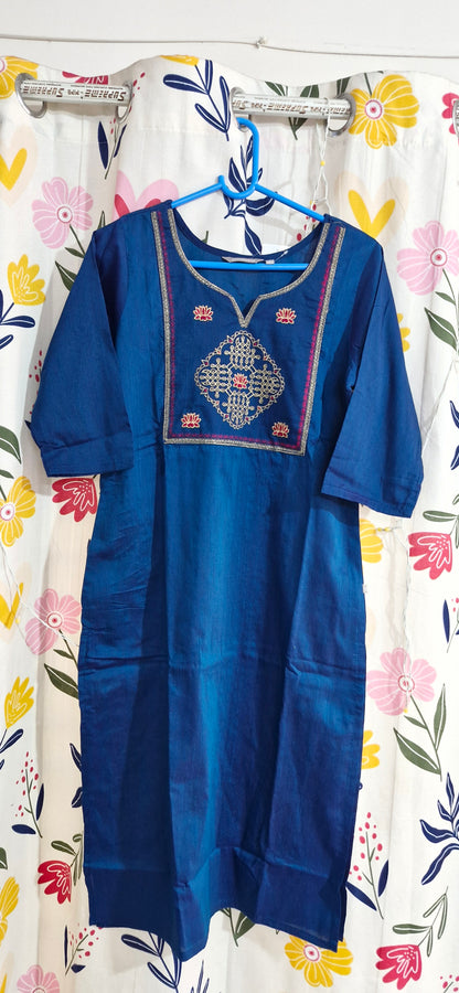 Deep Blue Pink & Gold Embroidered Silk Kurti