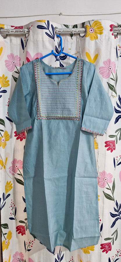 Sky Blue Pink & Gold Embroidered Silk Kurti